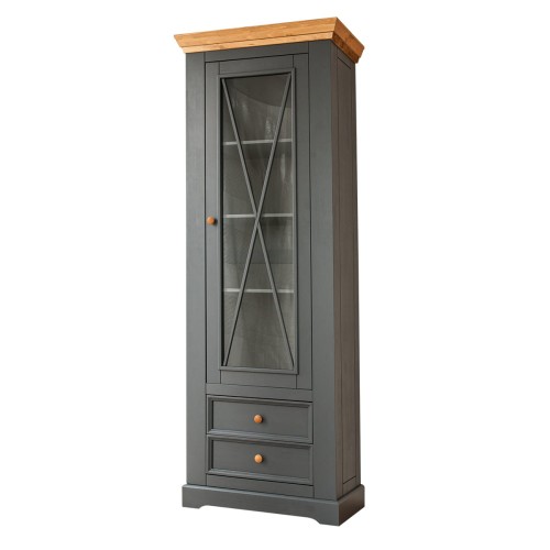 Vitrína úzká sklo, borovica, farba grafit - dub, séria Marone