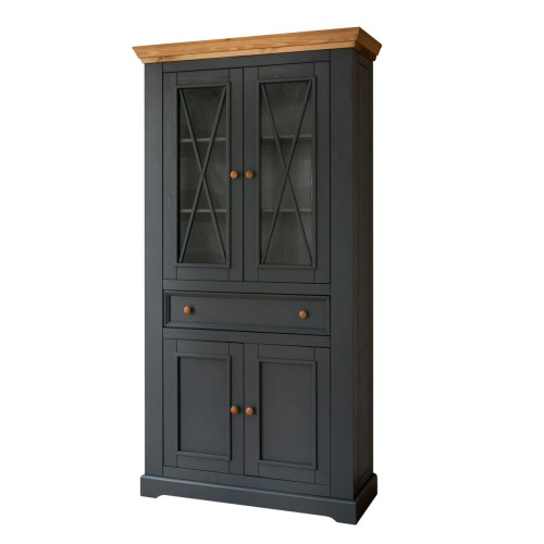 Vitrína veľká 2D sklo, borovica, farba grafit - dub, séria Marone