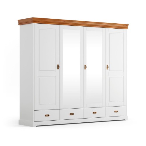 Skriňa 4D so zrkadlom, borovica, farba biela - medová borovica, séria Toskania