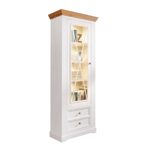 Vitrína úzká sklo, borovica, farba biela - dub, séria Marone